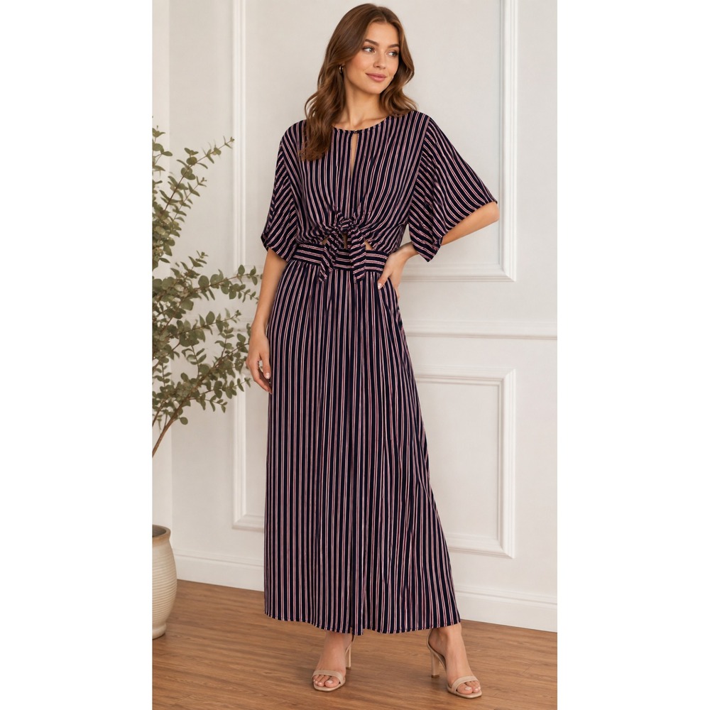Faithfull Jumpsuit Size 2 Navy Burgundy Stripe Tie Front Wide Leg Boho